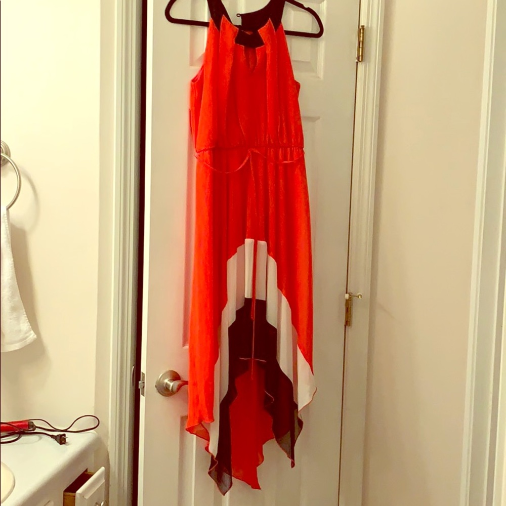 Red, black and white halter high-low dress